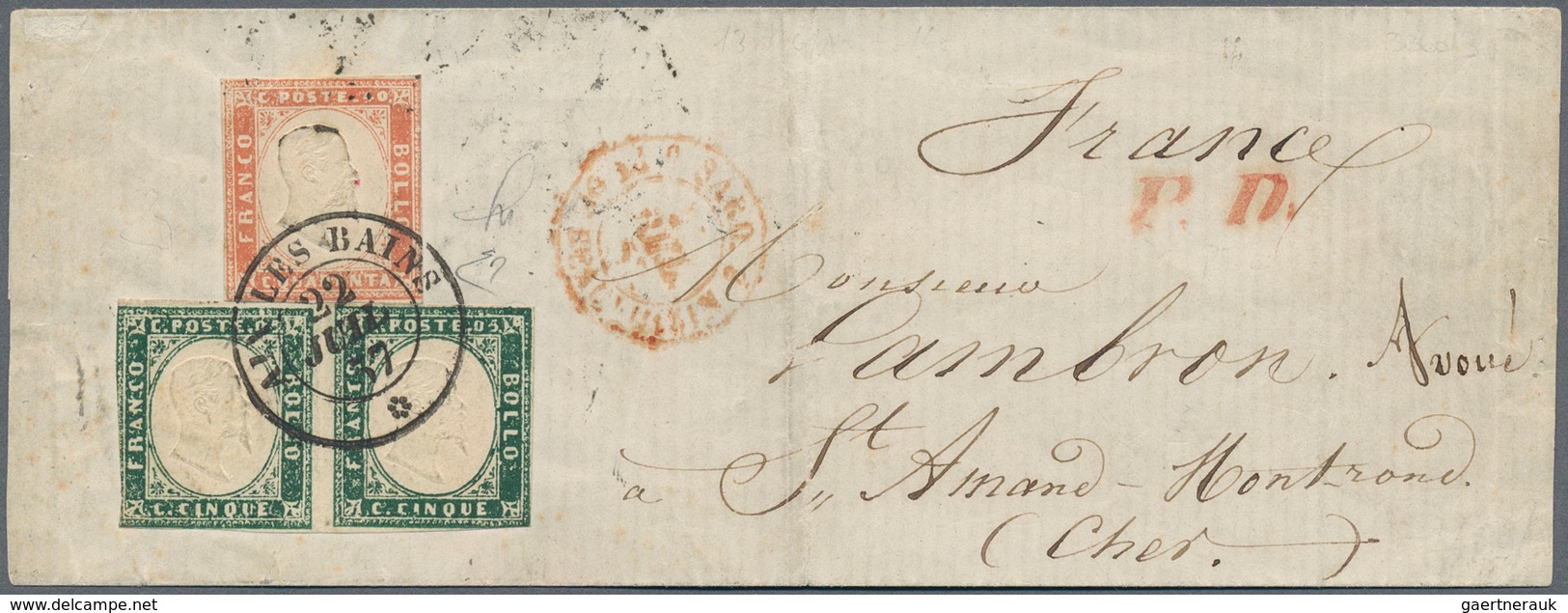 Italien - Altitalienische Staaten: Sardinien: 1855, Viktor Emanuel A Cover Bearing A Pair 5 C Deep-g - Sardinia