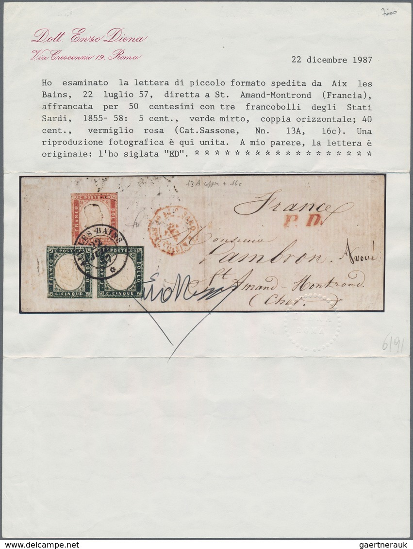 Italien - Altitalienische Staaten: Sardinien: 1855, Viktor Emanuel A Cover Bearing A Pair 5 C Deep-g - Sardinië