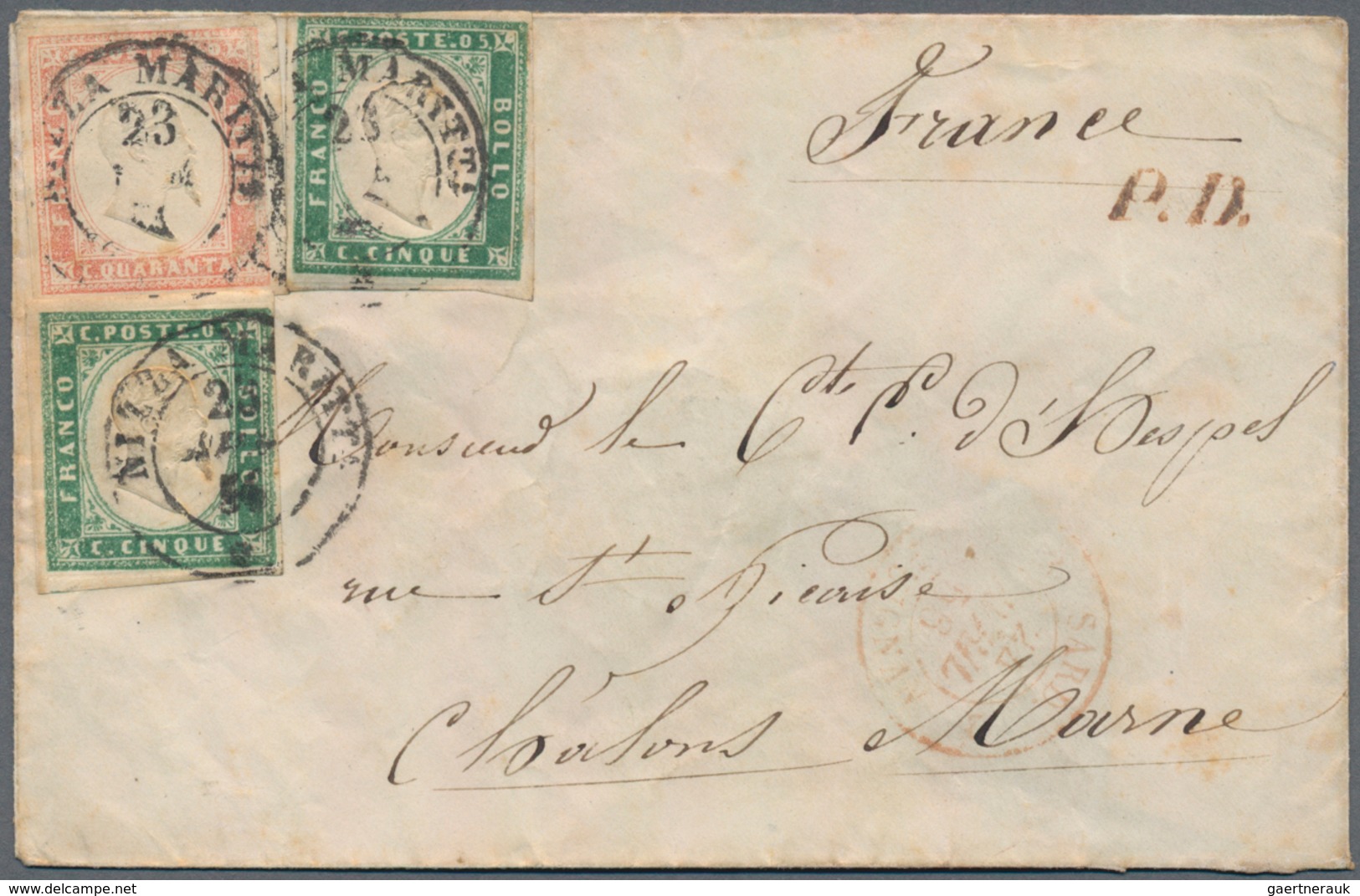 Italien - Altitalienische Staaten: Sardinien: 1855. 40 C Vermiglion Rosa And 5 C Emerald Green, Two - Sardinia