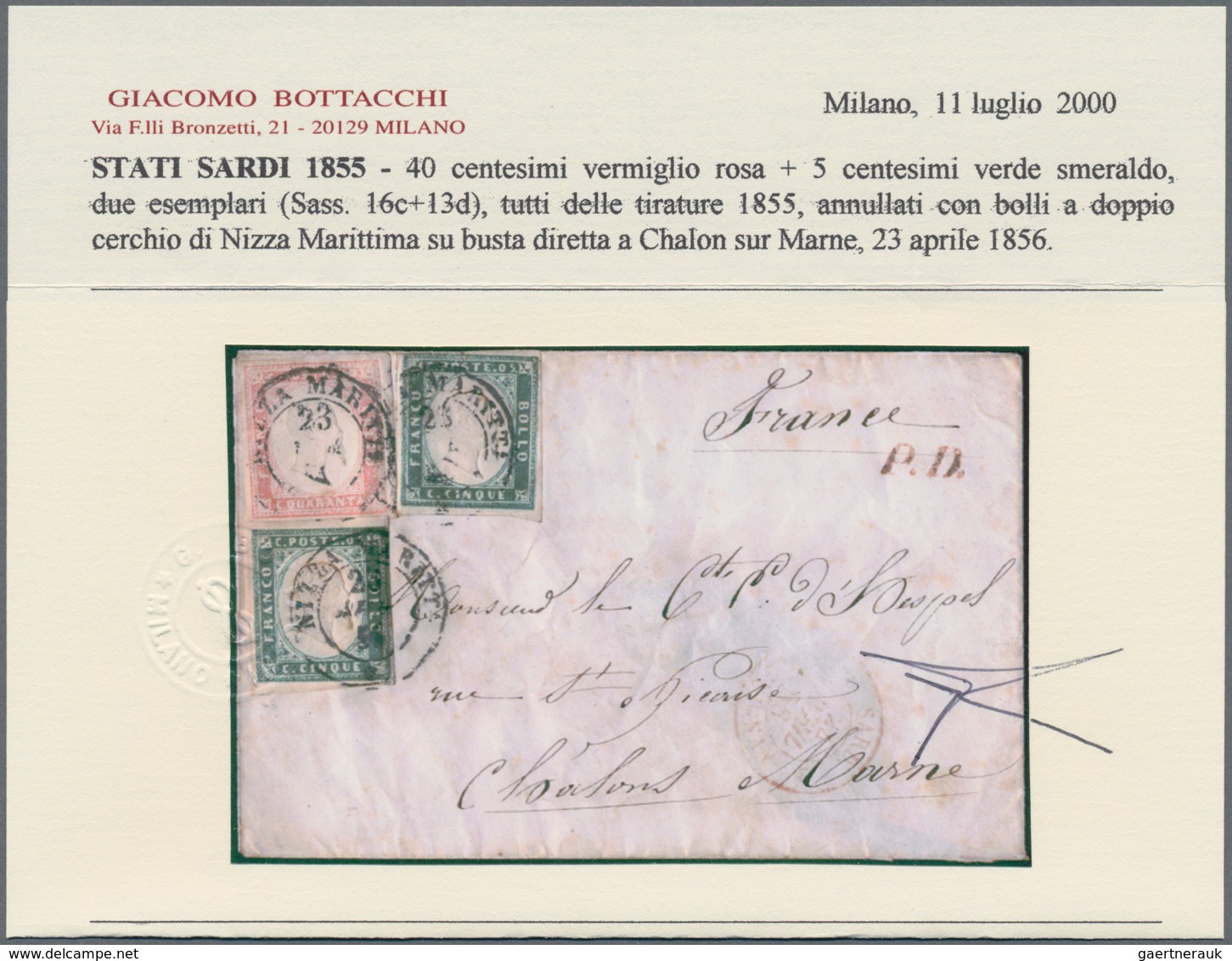 Italien - Altitalienische Staaten: Sardinien: 1855. 40 C Vermiglion Rosa And 5 C Emerald Green, Two - Sardinia