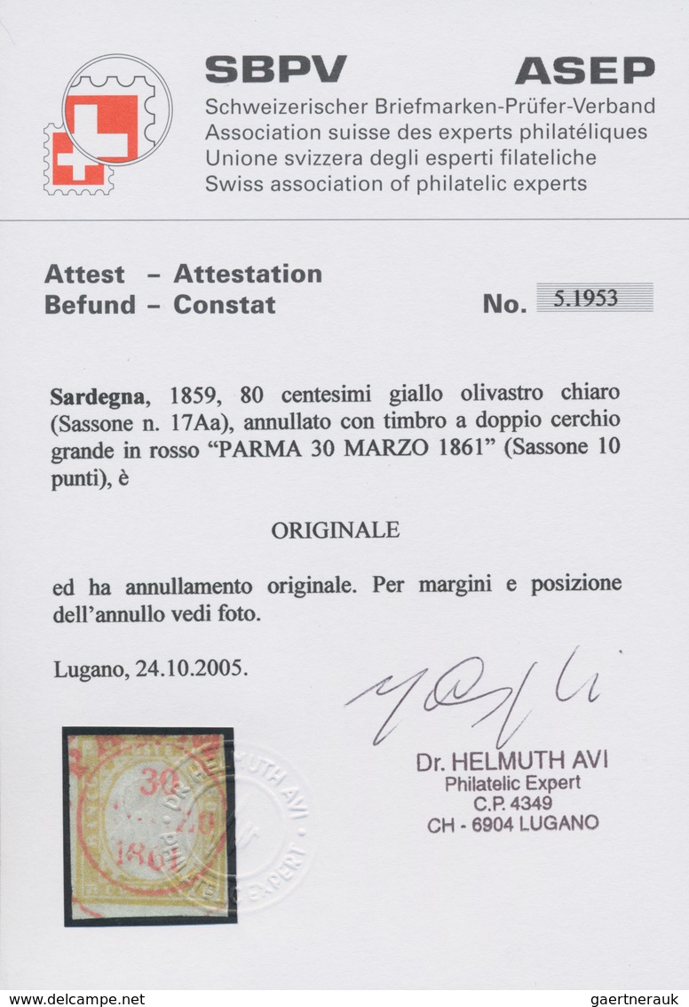 Italien - Altitalienische Staaten: Sardinien: 1859. 80 C. Light Olive Yellow, Cancelled By RED Doubl - Sardinia