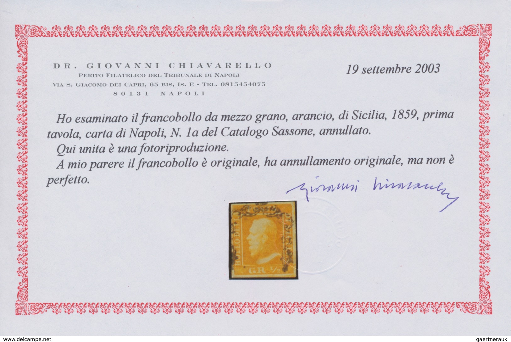 Italien - Altitalienische Staaten: Sizilien: 1859. 1/2 Grano Orange, Cancelled By Typical "doorframe - Sicily