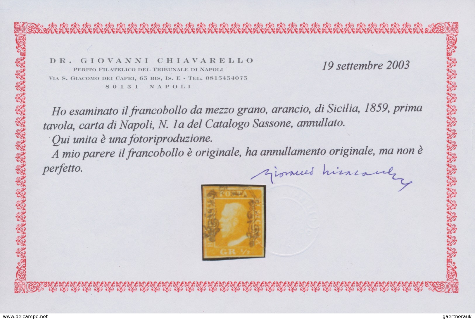 Italien - Altitalienische Staaten: Sizilien: 1859. 1/2 Grano Orange, Cancelled By Typical "doorframe - Sicilië