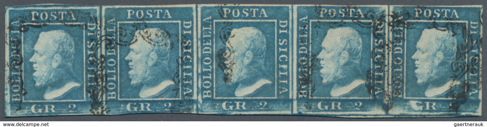 Italien - Altitalienische Staaten: Sizilien: 1959, 2 Gr Blue Horizontal Stripe Of Five Stamped, Most - Sicilië