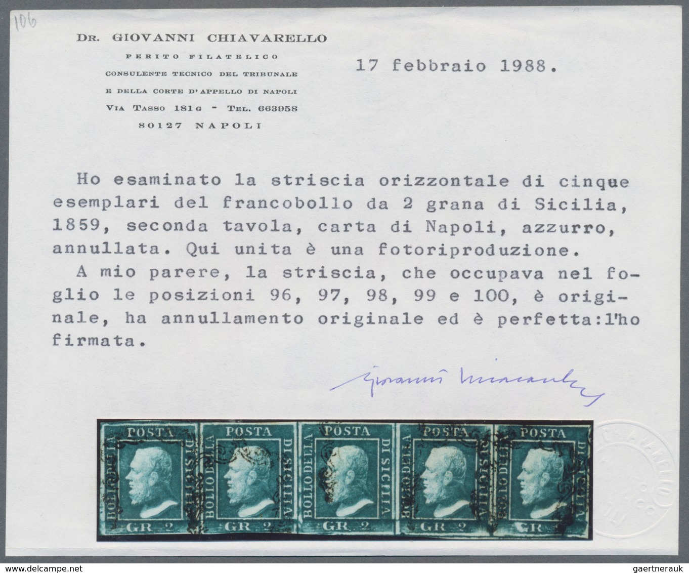 Italien - Altitalienische Staaten: Sizilien: 1959, 2 Gr Blue Horizontal Stripe Of Five Stamped, Most - Sizilien