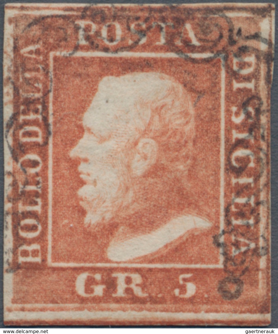 Italien - Altitalienische Staaten: Sizilien: 1859. 5 Gr. Rose Vermillion, 1st Plate, Cancelled By Si - Sicily