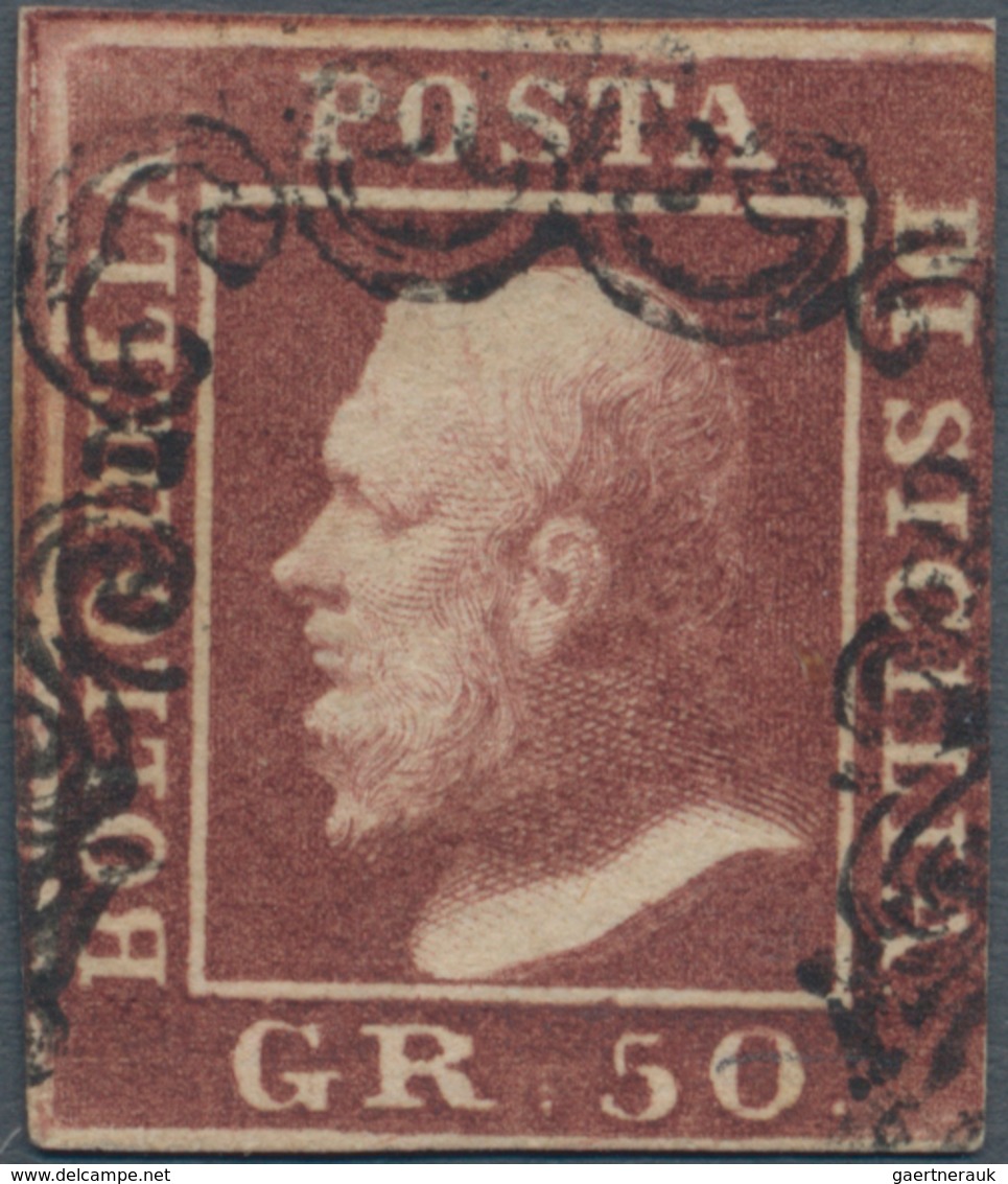 Italien - Altitalienische Staaten: Sizilien: 1859. 50 Gr. Reddish Brown, Cut In At Two Sides, Cancel - Sicilië