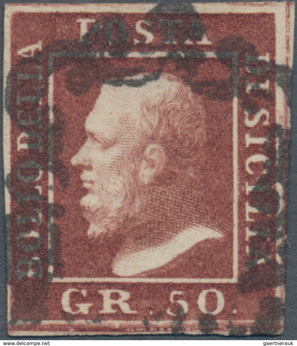 Italien - Altitalienische Staaten: Sizilien: 1859, 50 Gr Lilac-brown Cancelled With Sicilian Horsesh - Sicily