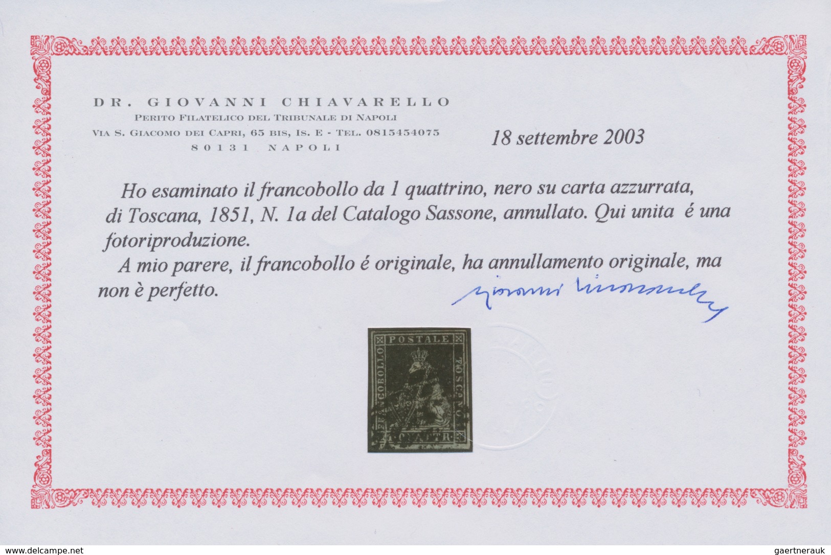 Italien - Altitalienische Staaten: Toscana: 1851. 1 Quattrino Black On Bluish-grey Paper, Cancelled - Toskana