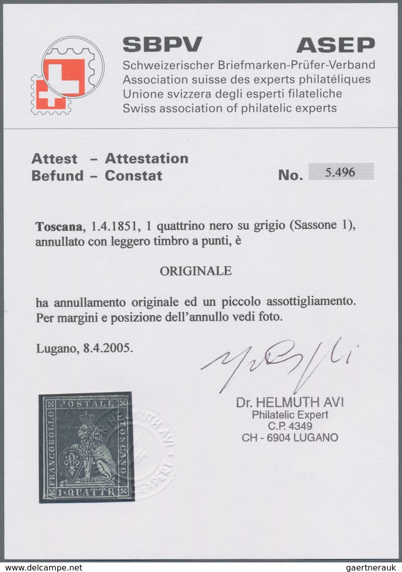 Italien - Altitalienische Staaten: Toscana: 1851. 1 Q Black On Greyish Paper, Cancelled By Very Ligh - Toskana