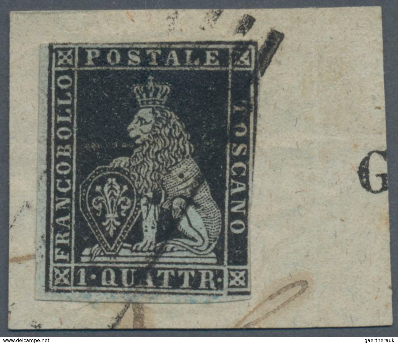 Italien - Altitalienische Staaten: Toscana: 1851, 1 Qu Black Tied By Grid Cancel On Piece, Three Sid - Toscane