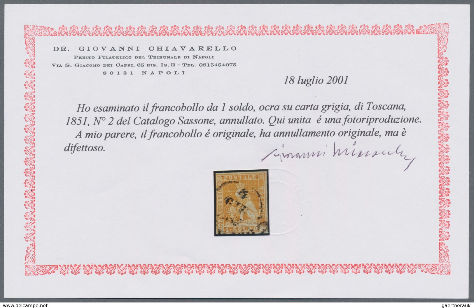 Italien - Altitalienische Staaten: Toscana: 1851, 1 So Gold-yellow With Circle Cancel, Fresh Colour - Tuscany