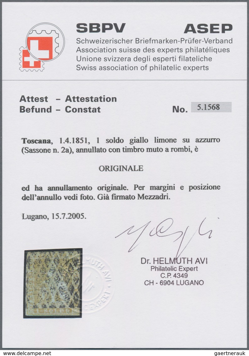 Italien - Altitalienische Staaten: Toscana: 1851. 1 Soldo Citron Yellow On Bluish Paper, Cancelled B - Toskana