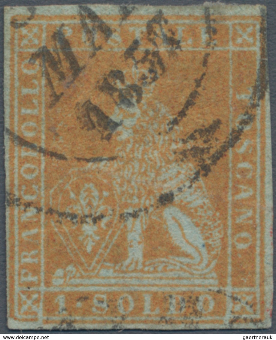 Italien - Altitalienische Staaten: Toscana: 1851. 1 Soldo Orange On Greyish Paper, Cancelled By Doub - Toskana