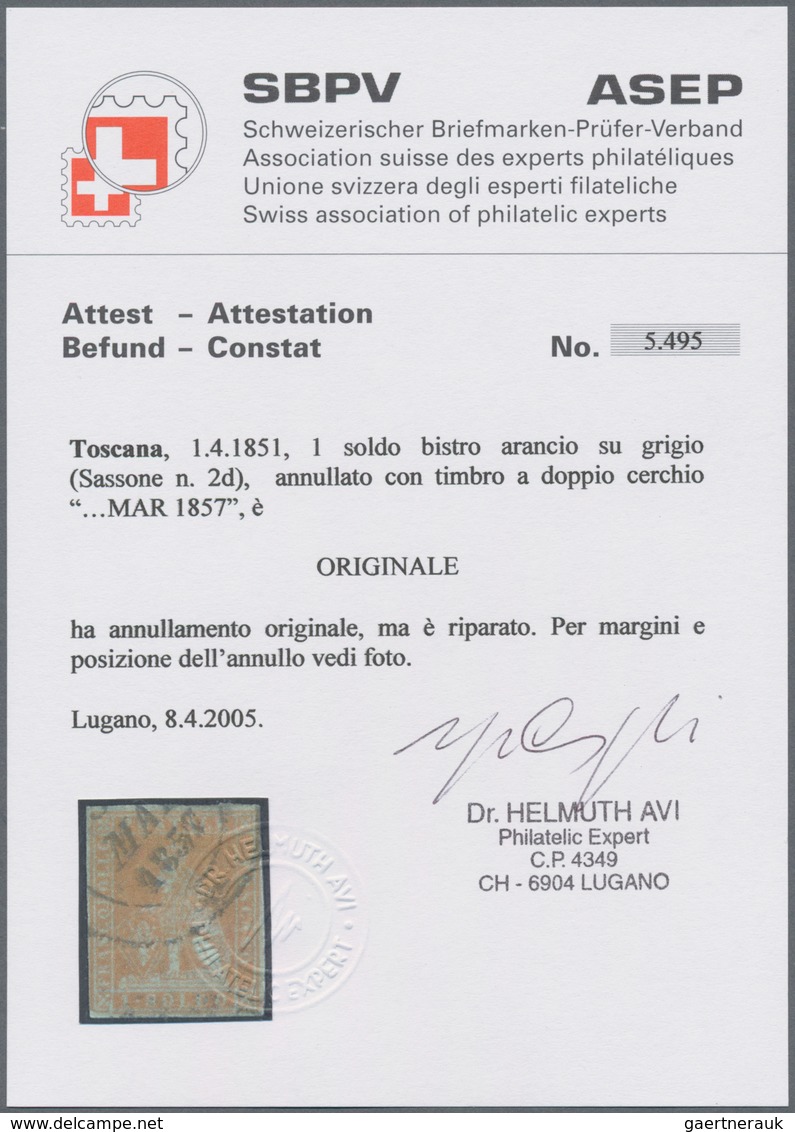Italien - Altitalienische Staaten: Toscana: 1851. 1 Soldo Orange On Greyish Paper, Cancelled By Doub - Tuscany
