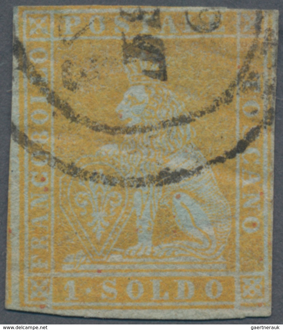 Italien - Altitalienische Staaten: Toscana: 1851. 1 Soldo Yellow On Bluish Paper, Cancelled By Doubl - Toskana