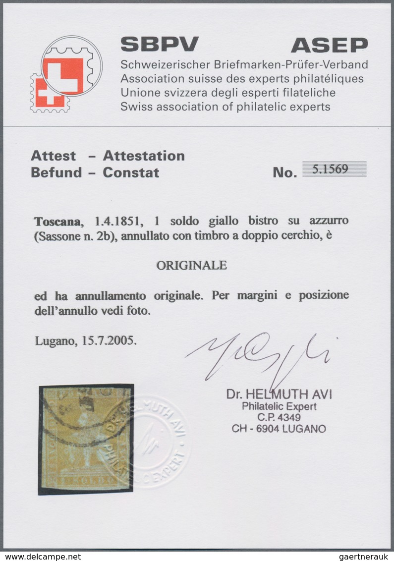 Italien - Altitalienische Staaten: Toscana: 1851. 1 Soldo Yellow On Bluish Paper, Cancelled By Doubl - Toskana