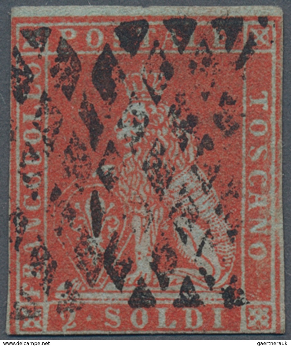 Italien - Altitalienische Staaten: Toscana: 1851, 2so. Scarlet On Bluish Paper, Fresh Colour, Cut In - Tuscany