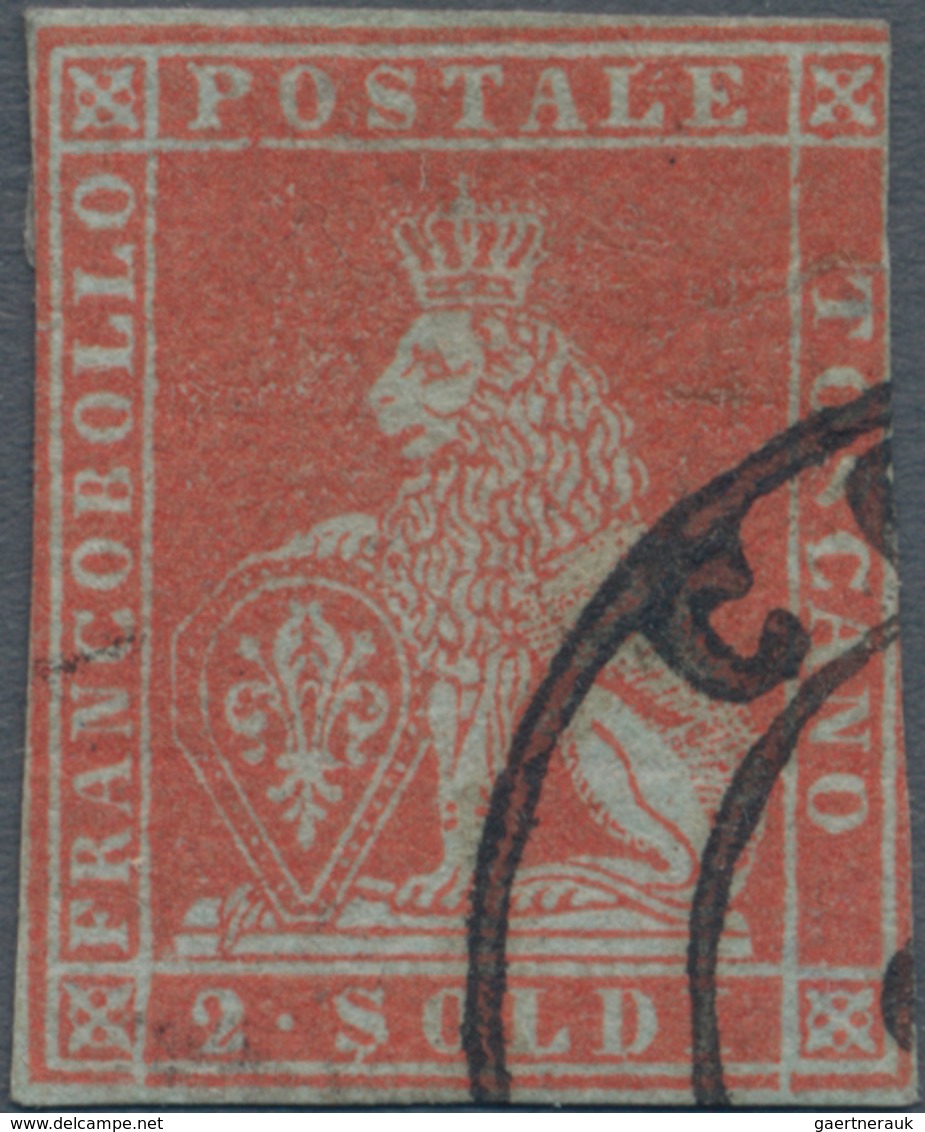 Italien - Altitalienische Staaten: Toscana: 1851. 2 Soldi Scarlet Red On Bluish Paper, Cut Into At R - Toskana