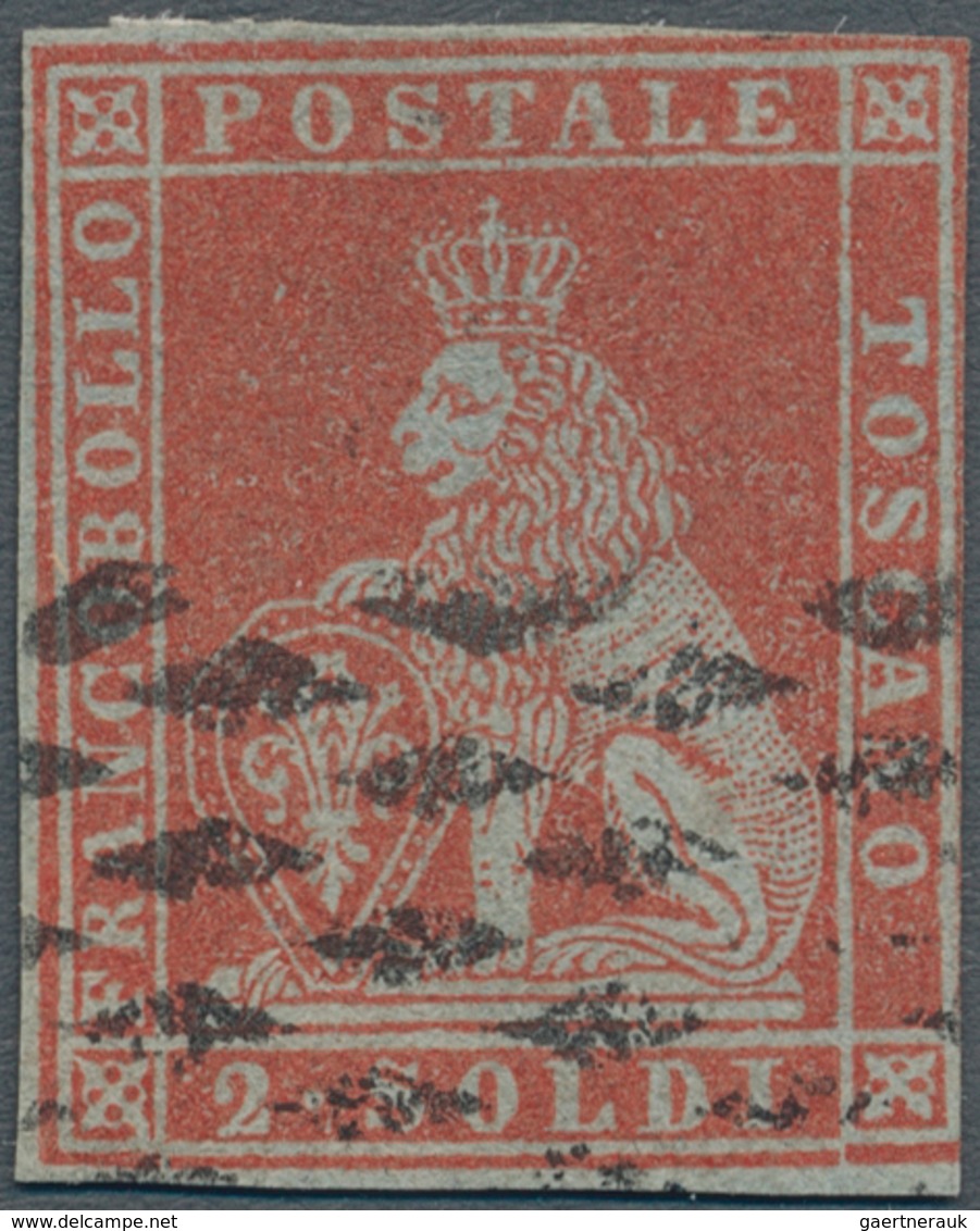 Italien - Altitalienische Staaten: Toscana: 1851, 2 Soldo Scarlet Red On Bluish Paper, Fair Margins, - Toscane