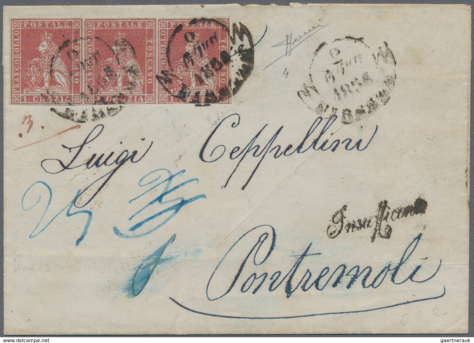 Italien - Altitalienische Staaten: Toscana: 1853, Lion 1 Cr. Carmine, Grey Paper VERTICAL STRIPE OF - Toscane