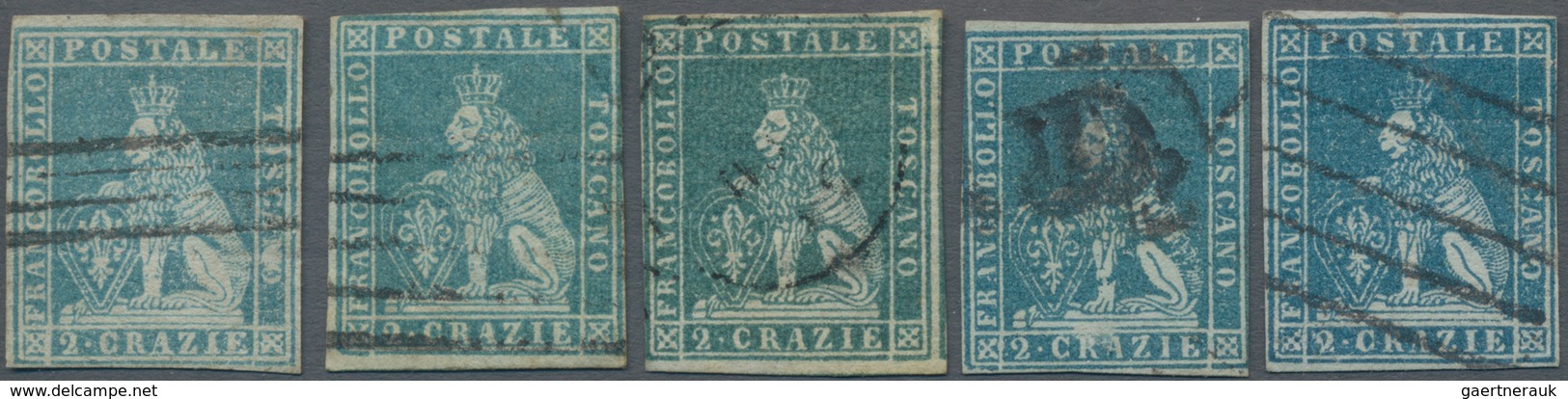 Italien - Altitalienische Staaten: Toscana: 1851, Seven Stamps 2 Cr. Greenish Blue On Grey Paper To - Toskana