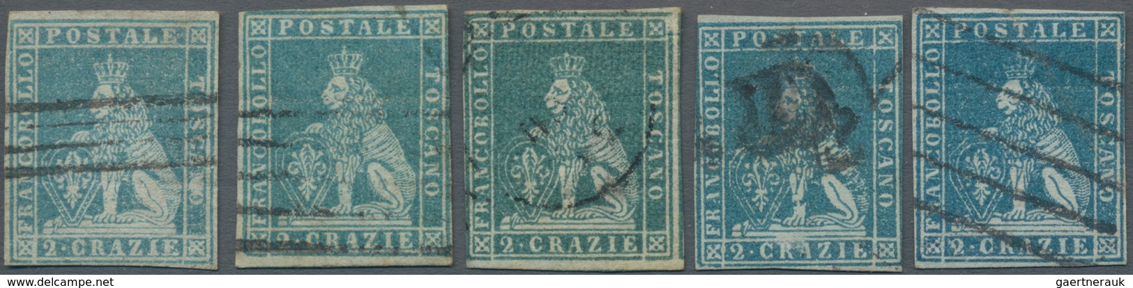 Italien - Altitalienische Staaten: Toscana: 1851, Seven Stamps 2 Cr. Greenish Blue On Grey Paper To - Tuscany