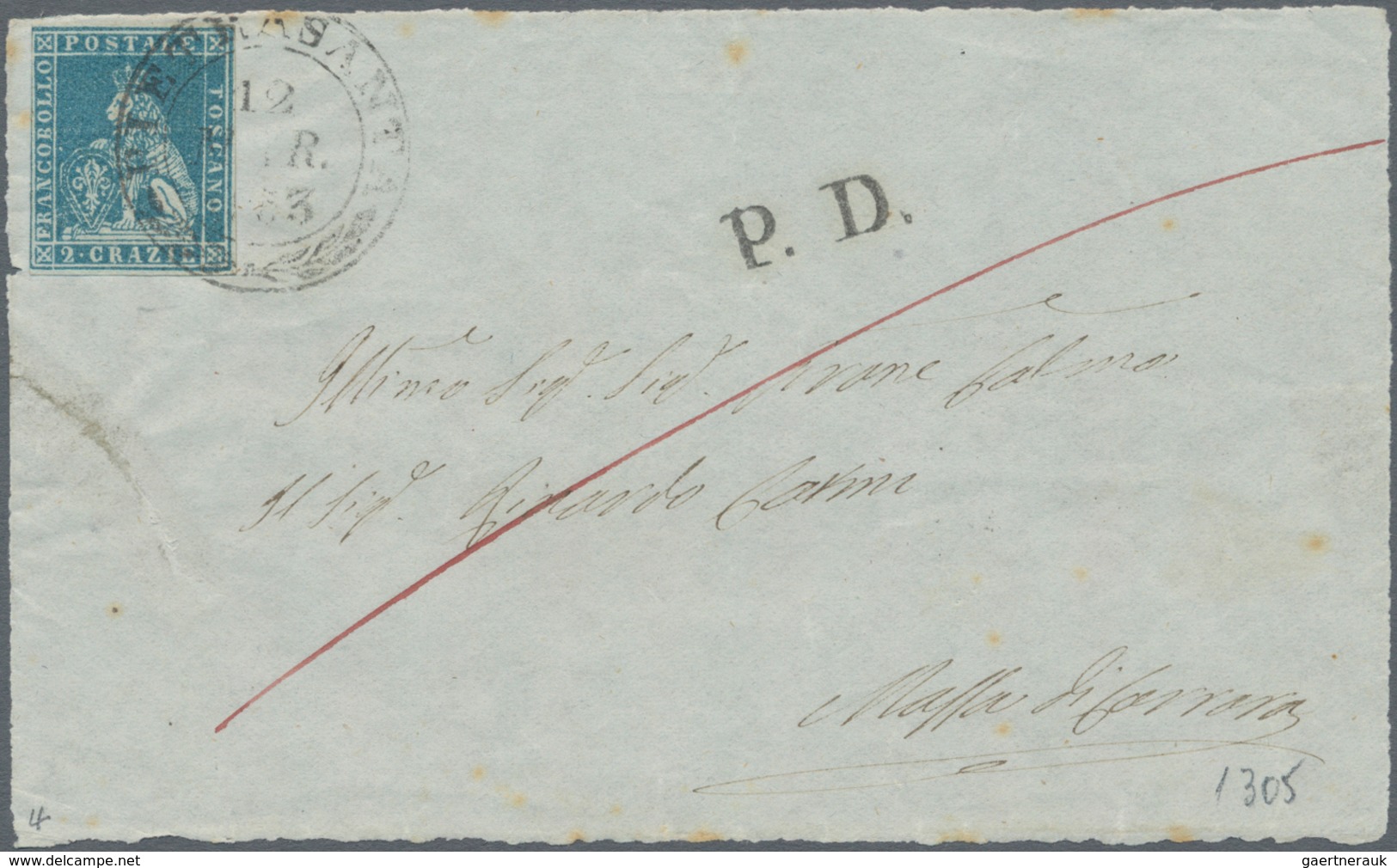 Italien - Altitalienische Staaten: Toscana: 1851, 2 Cr Blue Each Single Franking On Two Folded Lette - Toskana