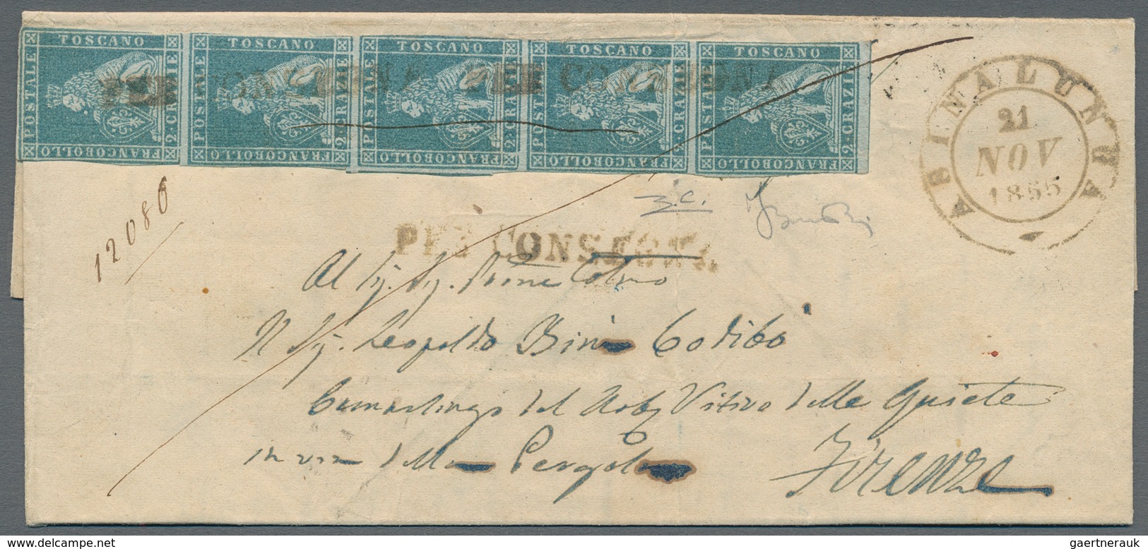 Italien - Altitalienische Staaten: Toscana: 1851. 2 Crazie Light Blue On Grey, Vertical Strip Of Fiv - Toskana