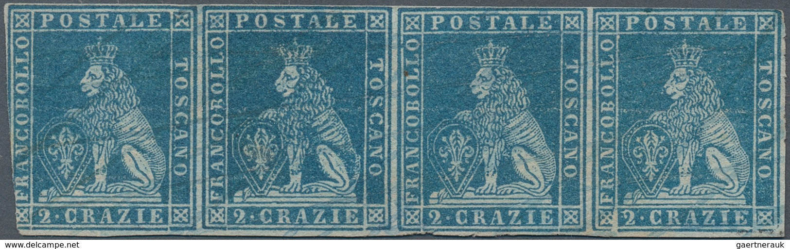 Italien - Altitalienische Staaten: Toscana: 1851, 2cr. Blue On Grey Paper, Horizontal Strip Of Four, - Toskana