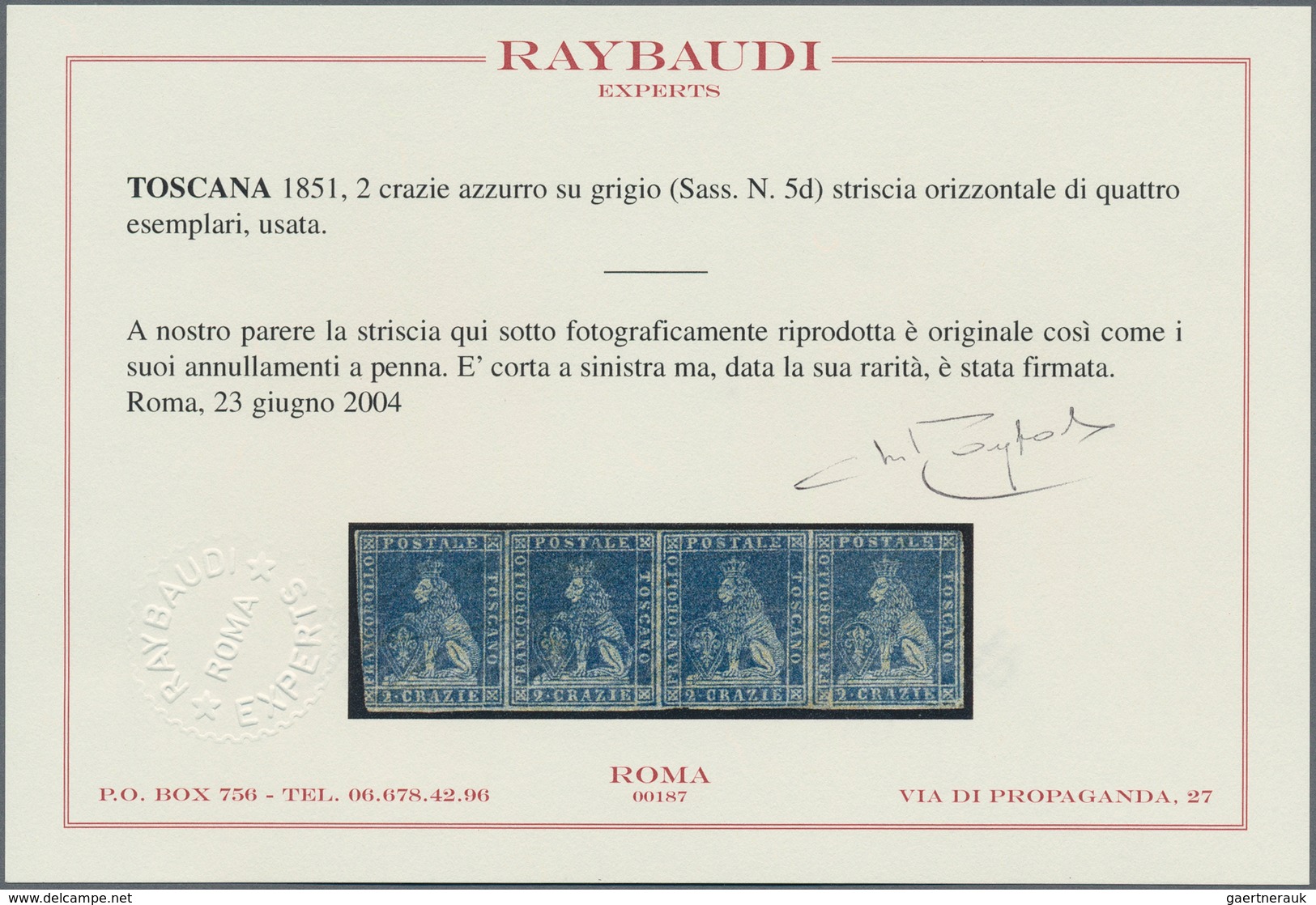 Italien - Altitalienische Staaten: Toscana: 1851, 2cr. Blue On Grey Paper, Horizontal Strip Of Four, - Toskana