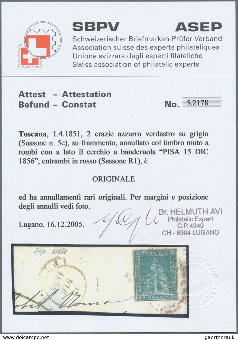 Italien - Altitalienische Staaten: Toscana: 1851, 2 Cr Greenish Blue On Grey, 3 Margins, Bottom Just - Toskana