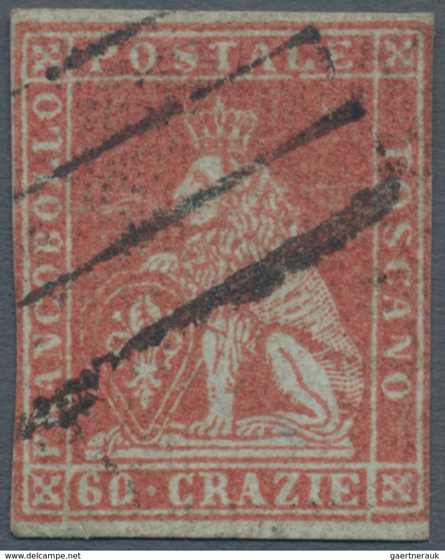 Italien - Altitalienische Staaten: Toscana: 1852: 60 Crazie Scarlet On Greyish Paper, Cut Into At Th - Toscane