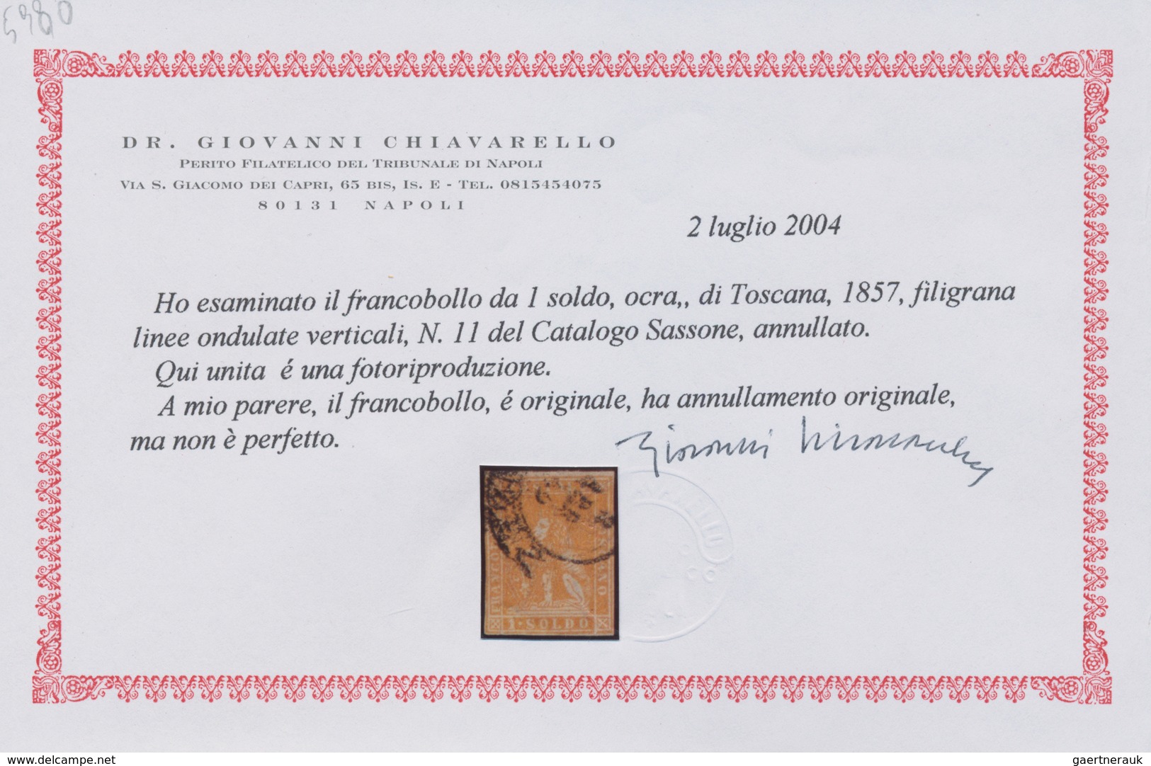Italien - Altitalienische Staaten: Toscana: 1857, 1 So Ocher Lion Drawing Cancelled, Fresh Colour An - Toskana