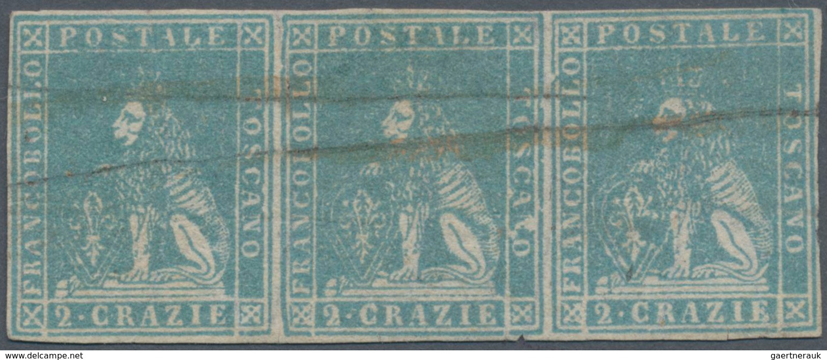 Italien - Altitalienische Staaten: Toscana: 1857, 2 Cr Blue Horizontal Stripe Of Three Cancelled Wit - Toskana