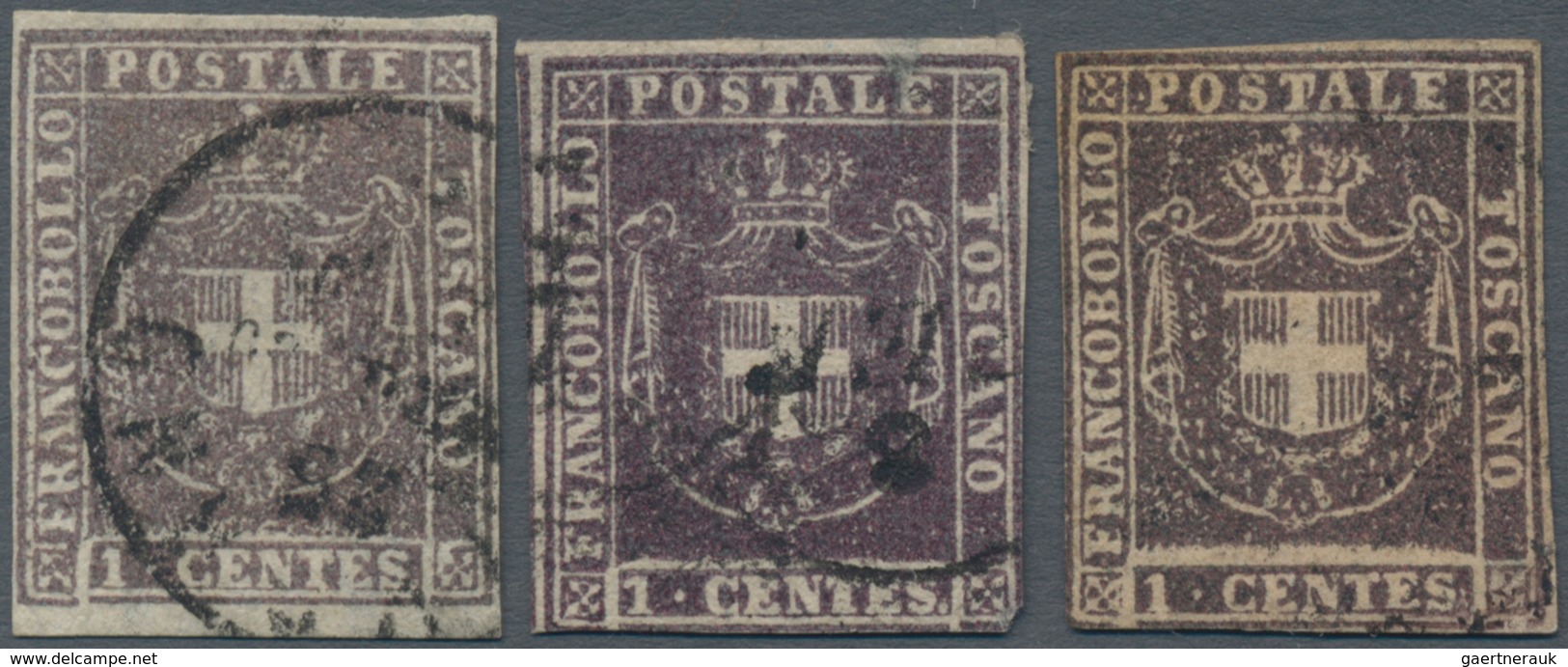 Italien - Altitalienische Staaten: Toscana: 1860, Three Stamps 1 C. Violet To Violet Brown (first St - Toskana