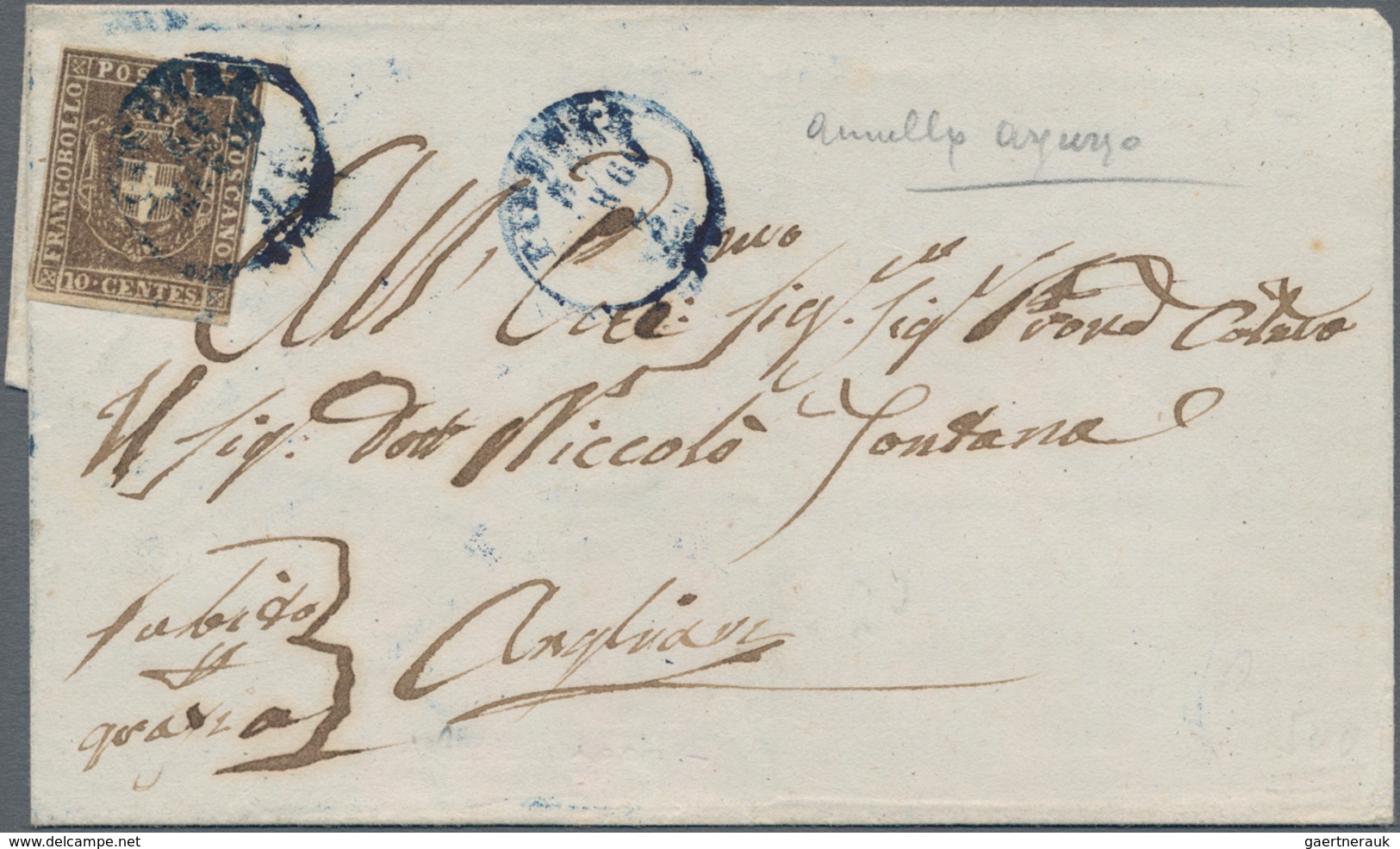 Italien - Altitalienische Staaten: Toscana: 1851, 10 Cr brown each single franking on five folded le