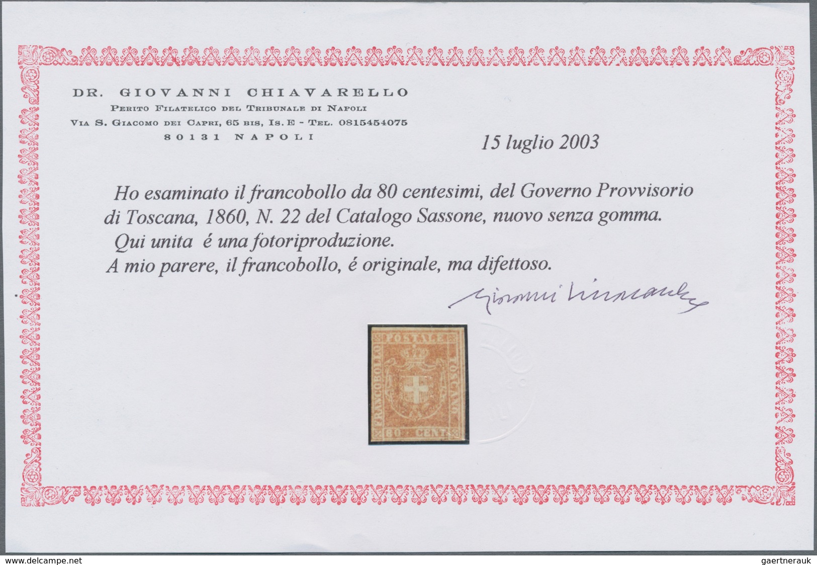 Italien - Altitalienische Staaten: Toscana: 1860, 80 Cent. Brownish Red Unused Without Gum, Two Side - Toskana