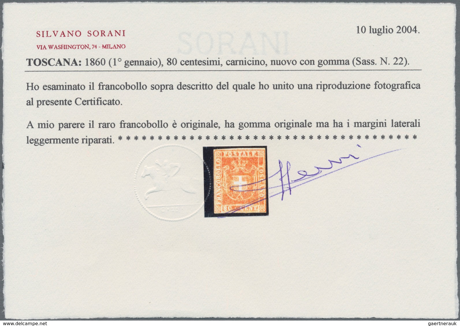 Italien - Altitalienische Staaten: Toscana: 1860, 80 Cent. Brownish Red Unused With Original Gum, Fr - Toskana