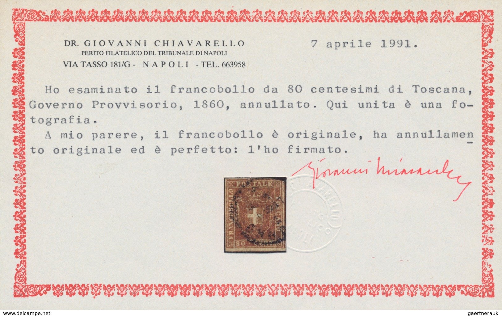 Italien - Altitalienische Staaten: Toscana: 1860, 80 Cent. Brownish-red Cancelled With Circle Stamp, - Toskana