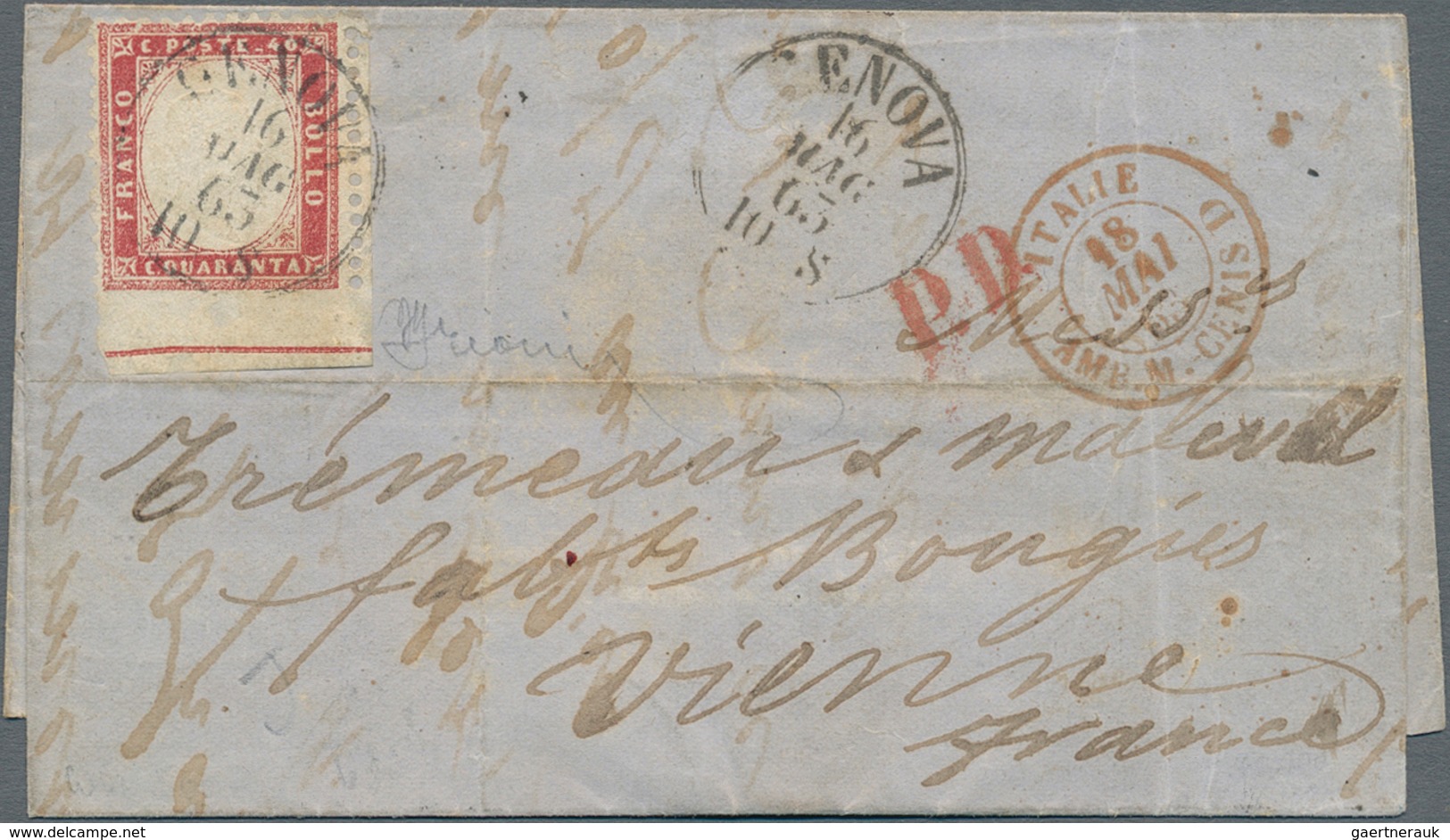 Italien: 1862. 40 Centesimi Carmine Red, Perforated At Three Sides, With Full Sheet Margin At The Bo - Afgestempeld