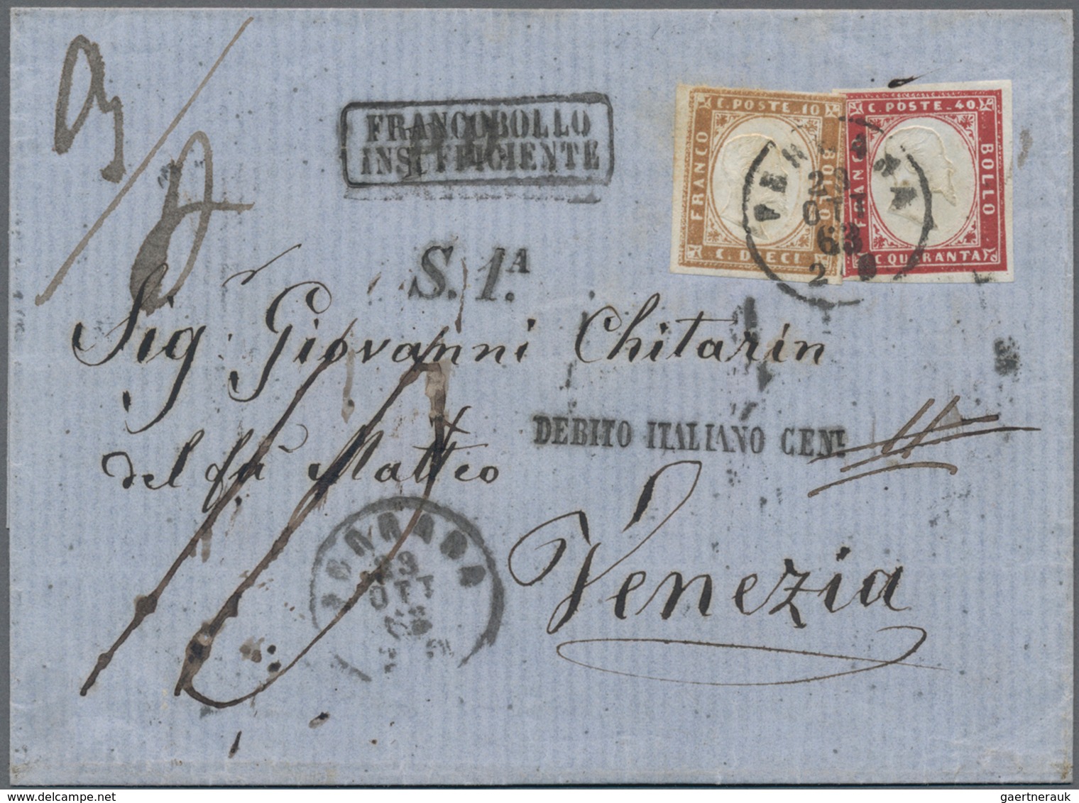 Italien: 1863, Sardinia 10c. Yellow-brown And 40c. Carmine, Both Fresh Colour, Slightly Cut Into To - Afgestempeld