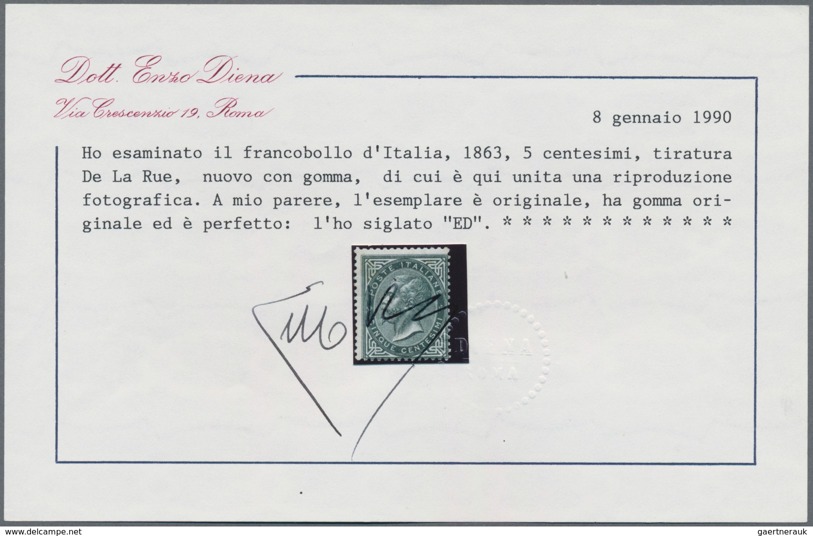 Italien: 1863, 5 C. Olive Green, De Le Rue, London Printing, Mint With Original Gum, Mediocre Center - Usati