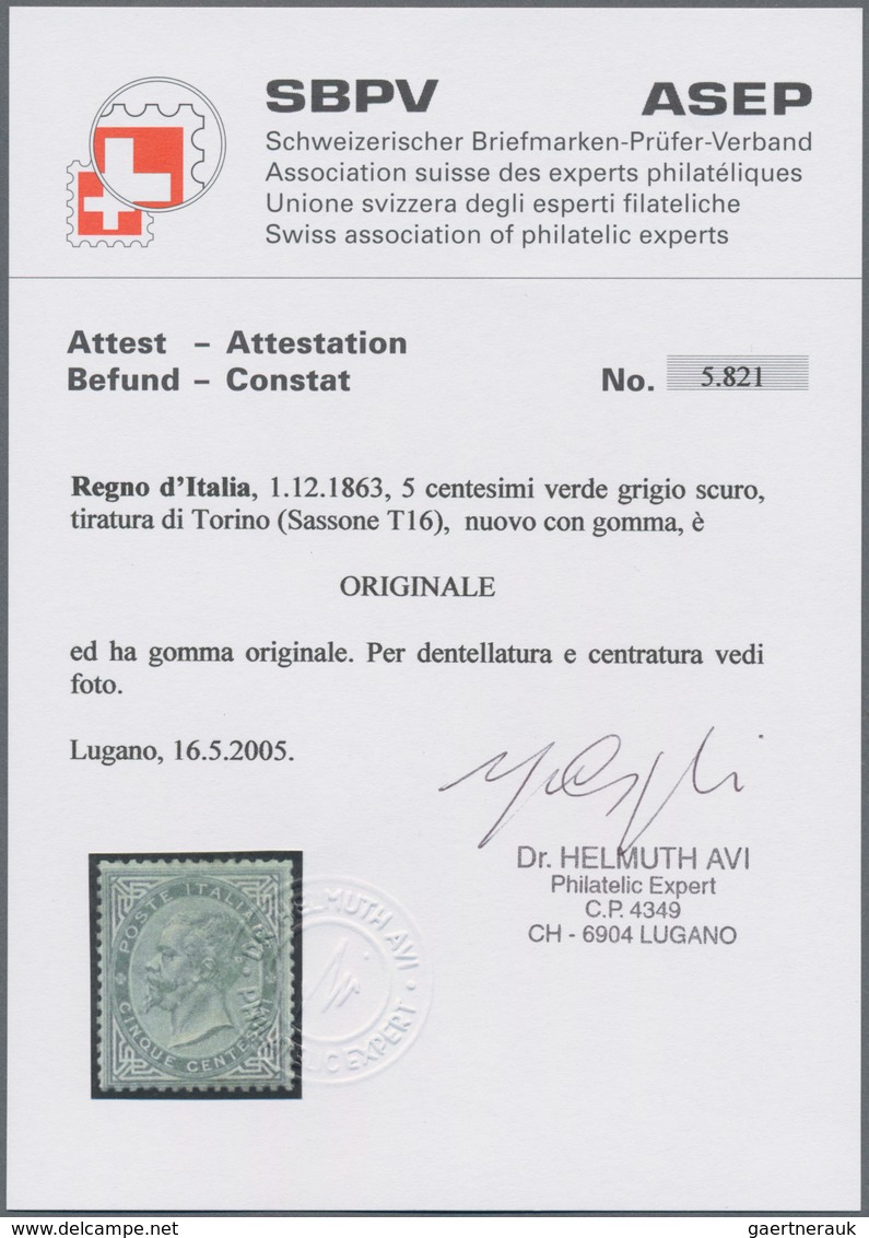 Italien: 1863. 5 C Olive Green, Turin Printing, Discrete Centering, Certificate Dr. Avi. Sassone 350 - Gebraucht