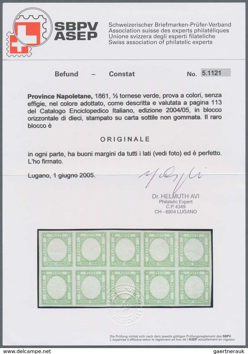 Italien: 1861, 1/2 Tornese Green In Block Of Ten Color Proof Without Embossing, As Described On Page - Afgestempeld