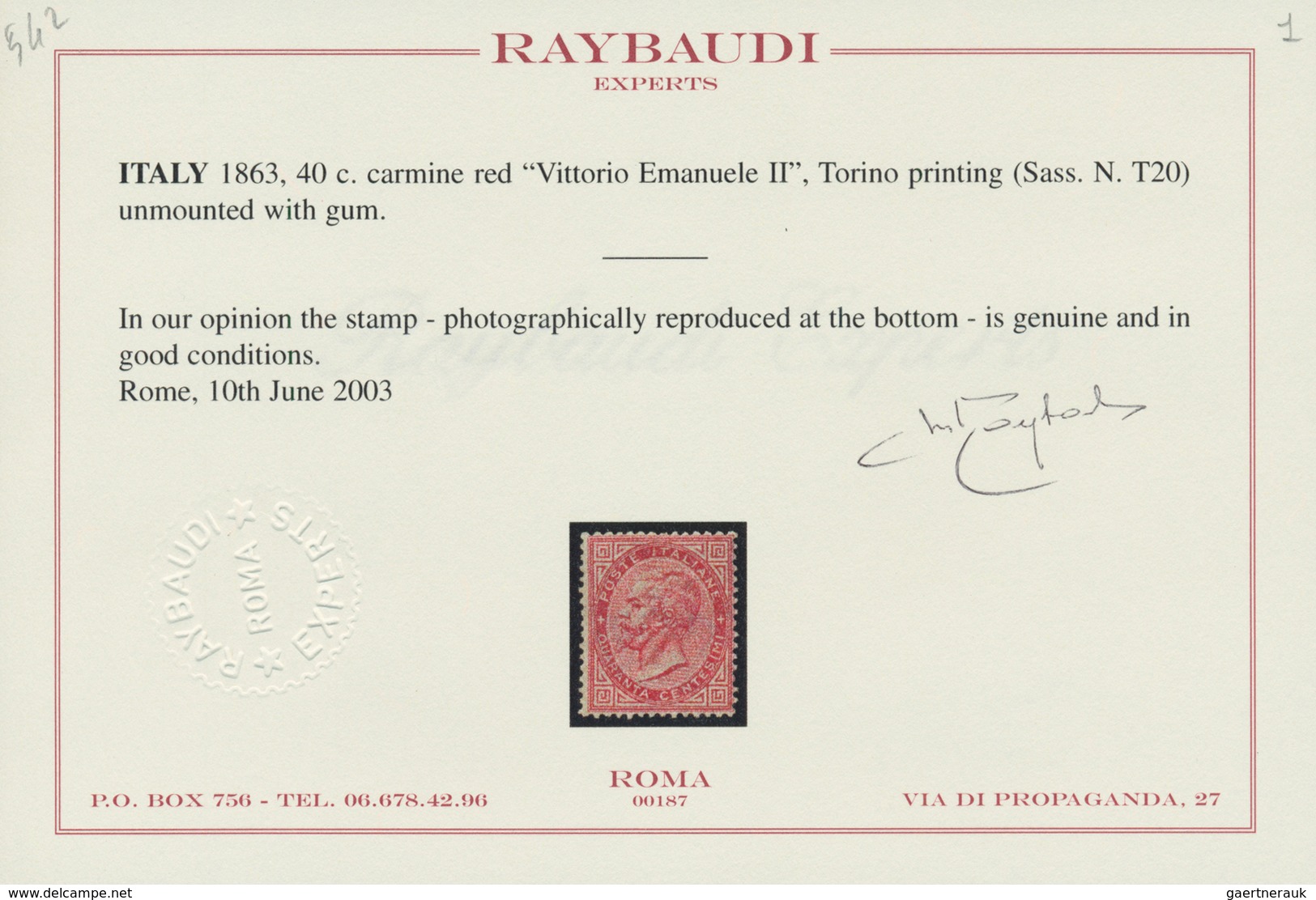 Italien: 1863: 40 Centesimi Carmine Red "Vittorio Emanuele II.", Turin Printing, Mint With Gum, Bett - Gebraucht