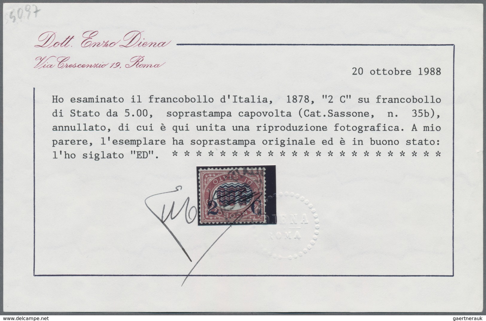 Italien: 1878, 2c On 5.00 L Service Stamp, Inverted Overprint, Cancelled. Certificate Enzo Diena. - Gebraucht