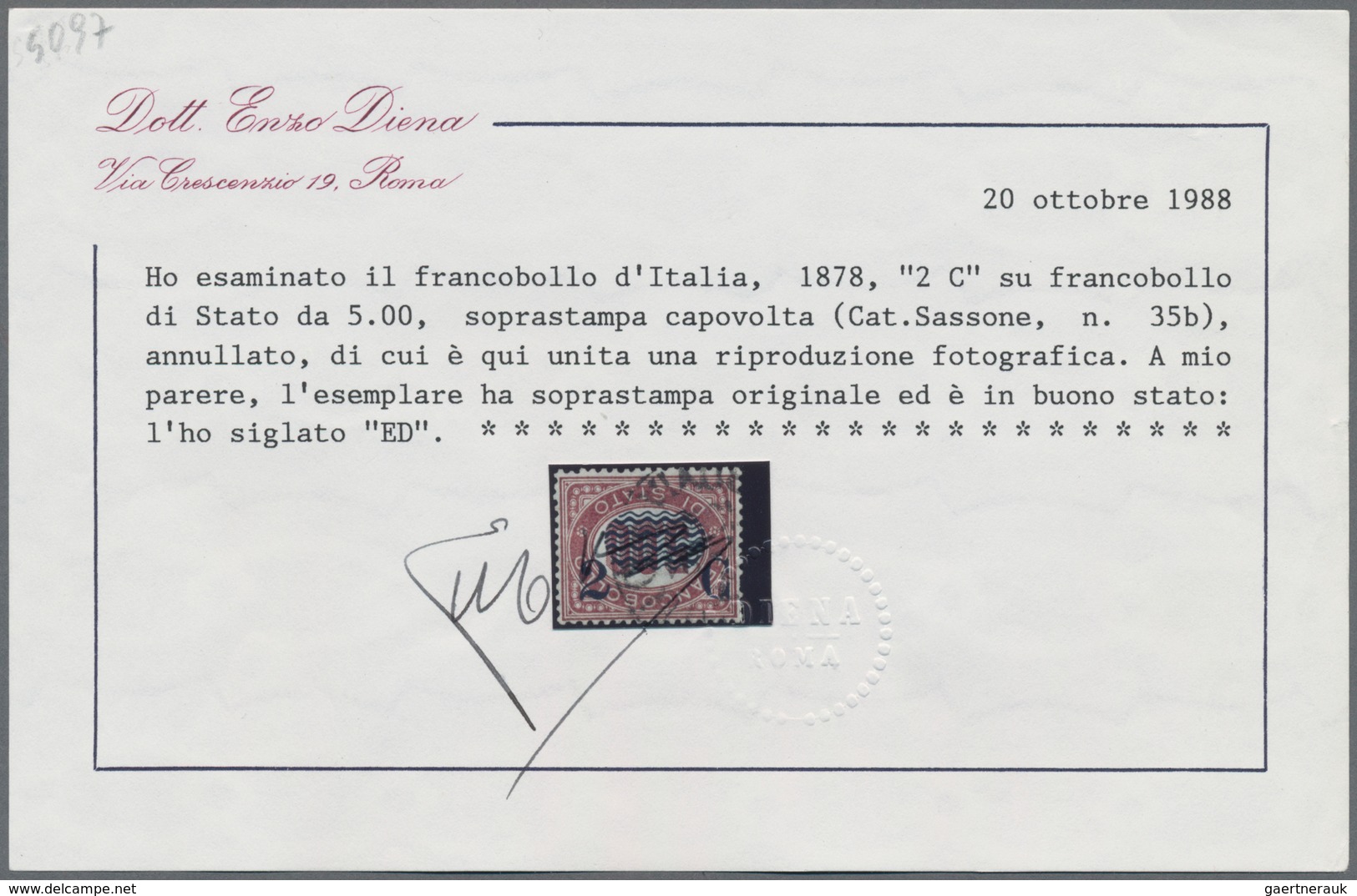 Italien: 1878, 2c On 5.00 L Service Stamp, Inverted Overprint, Cancelled. Certificate Enzo Diena. - Afgestempeld