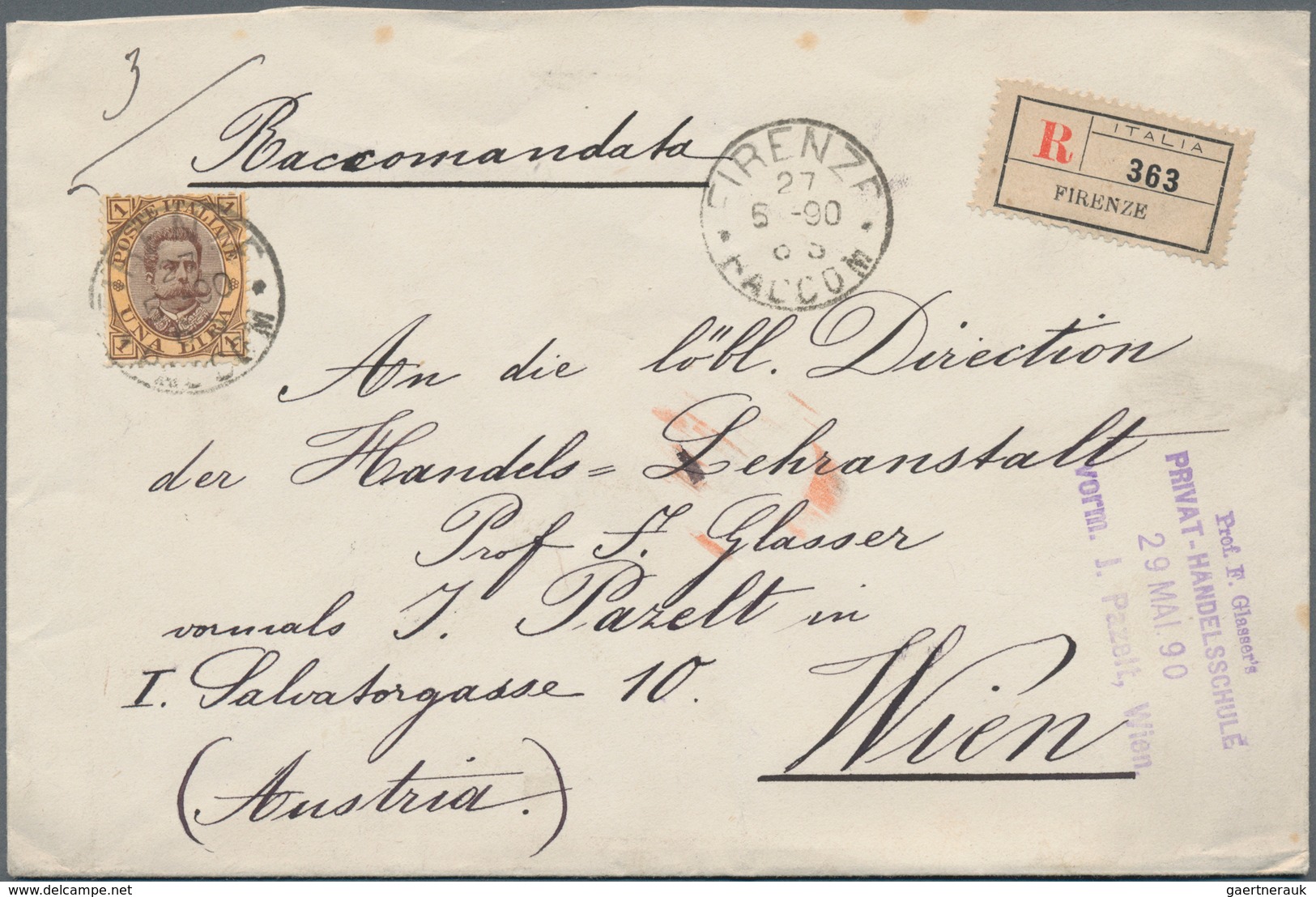 Italien: 1890: 1 Lire Brown/orange-yellow, Single Franking, On Registered Letter From Florence To Vi - Afgestempeld