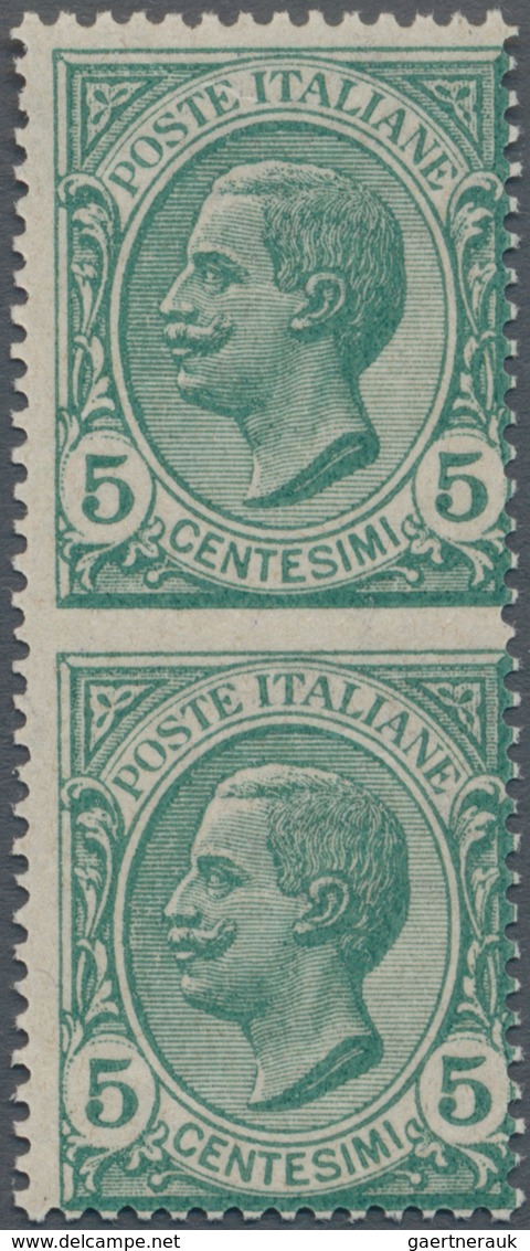 Italien: 1906, Victor Emanuel III. 5c. Green Vertical Pair IMPERFORATE BETWEEN, Mint Lightly Hinged - Afgestempeld